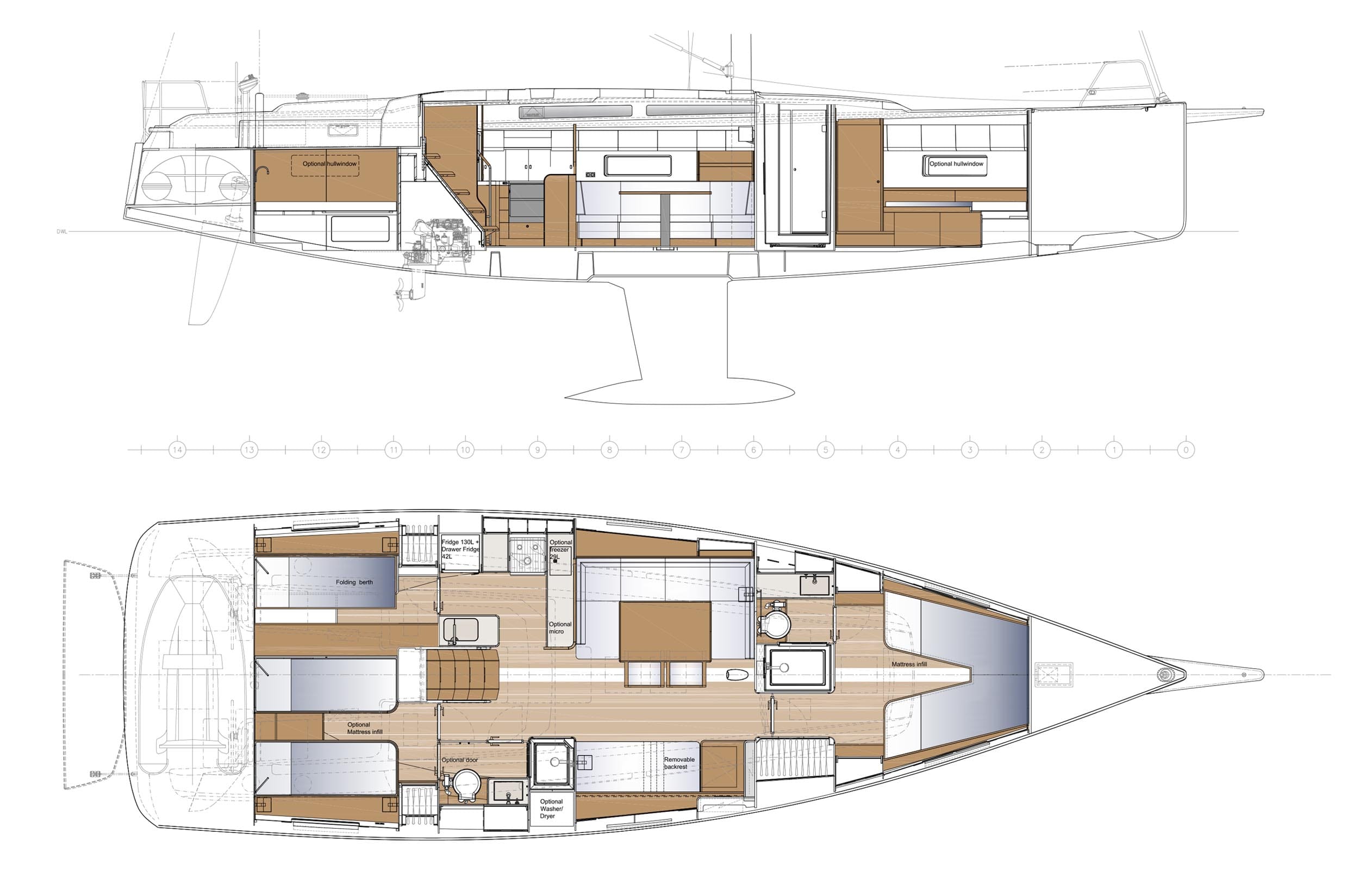 Swan 48MKII Conceptual General arrangement with Optionals