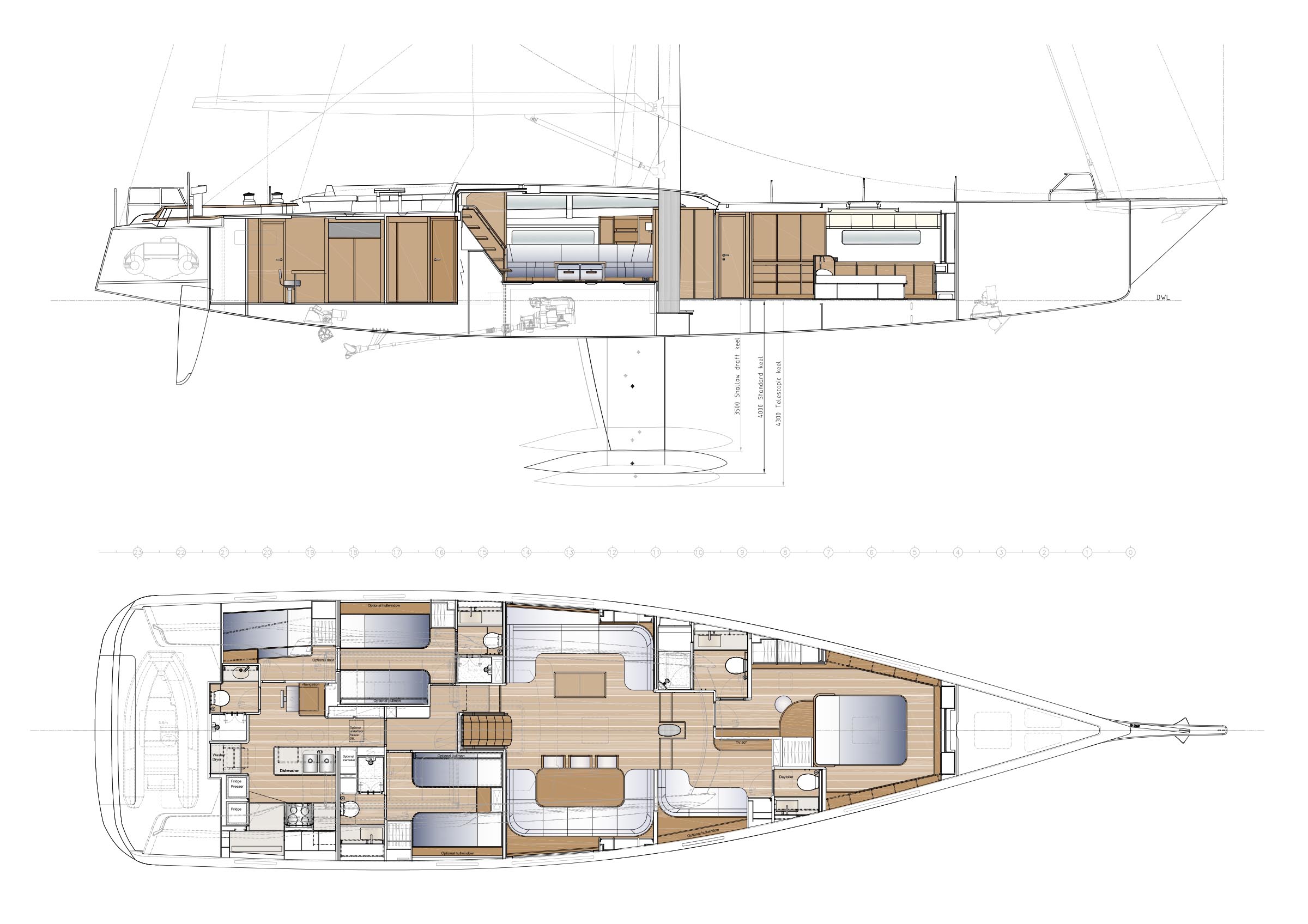 Swan 80 Conceptual General Arrangement Owners Cabin Forward with Options 1